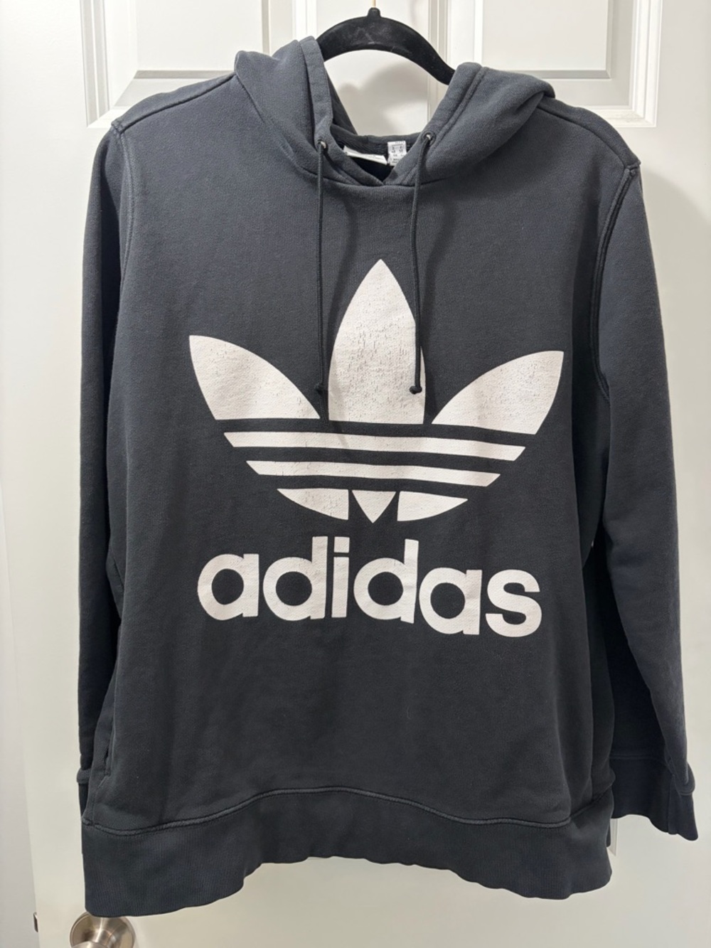 Old School Adidas Black Hoodie with Vintage White Trefoil Logo XL